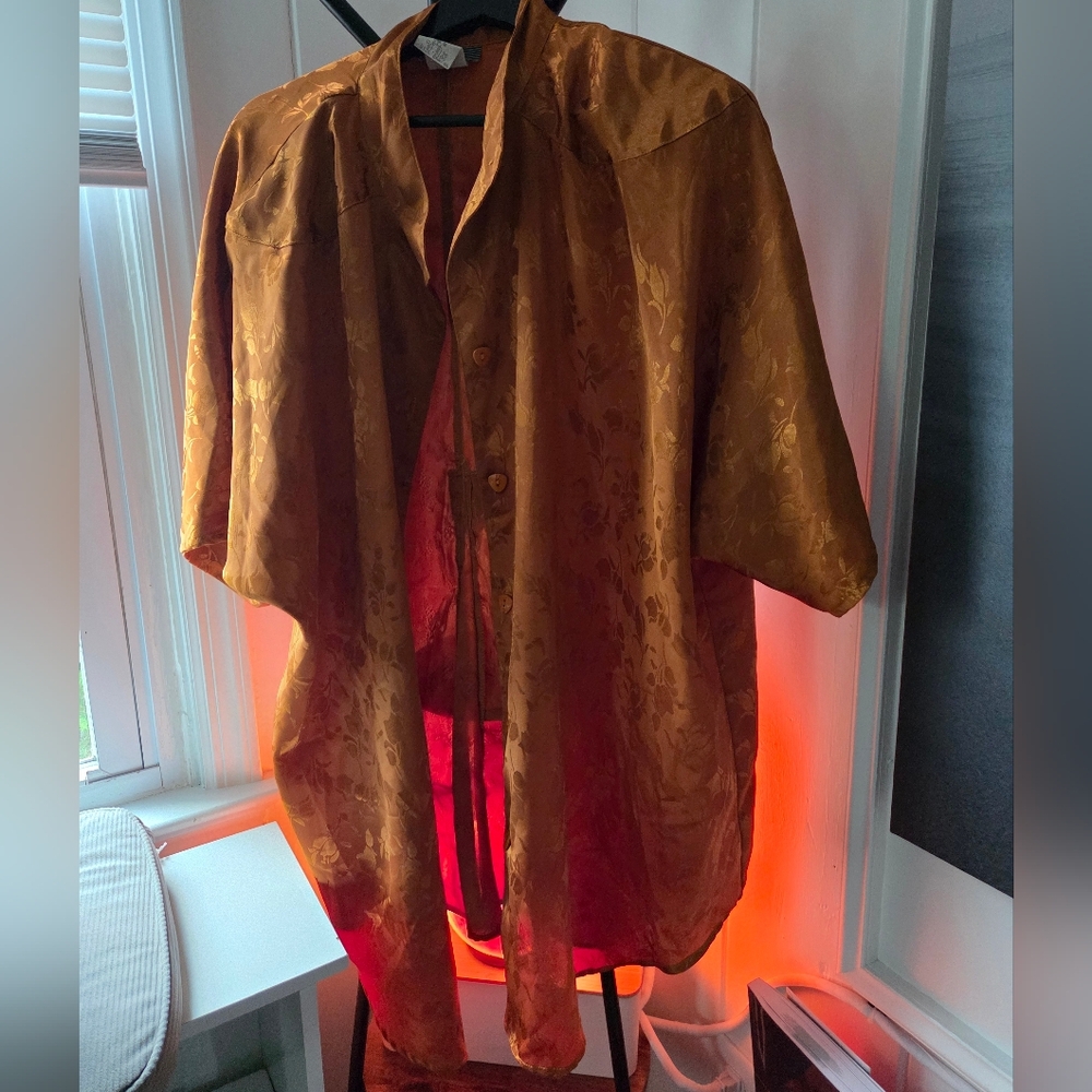 Elegant Orange-Gold Rose Detailed Women's Shirt Jacket - Oversized/Plus Sized